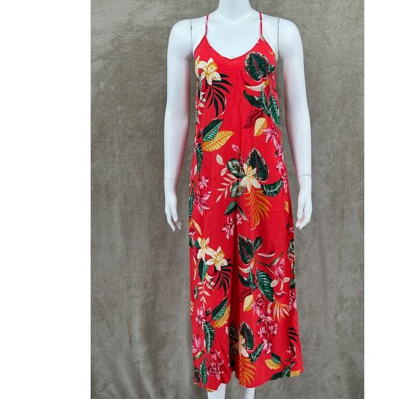 Old Navy Dress Womens XS Red Floral V-Neck Maxi Tropical Beach Resort‎ Hawaiian - Picture 1 of 11